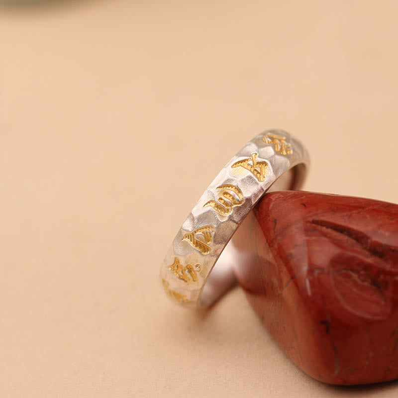 Wear FengShui Hammer Pattern Om Mani Padme Hum Copper Plated Silver Wealth Ring