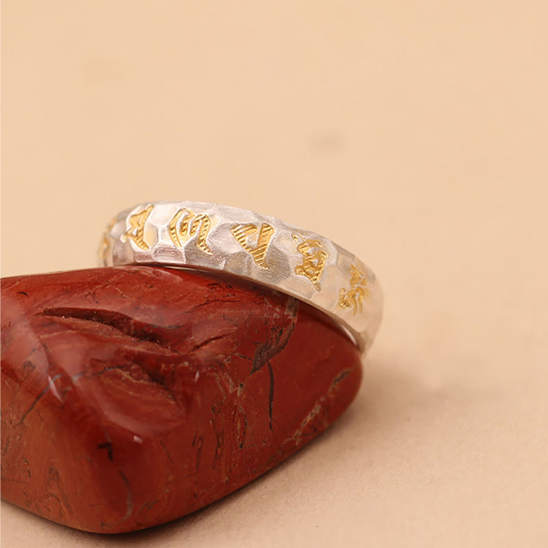 Wear FengShui Hammer Pattern Om Mani Padme Hum Copper Plated Silver Wealth Ring