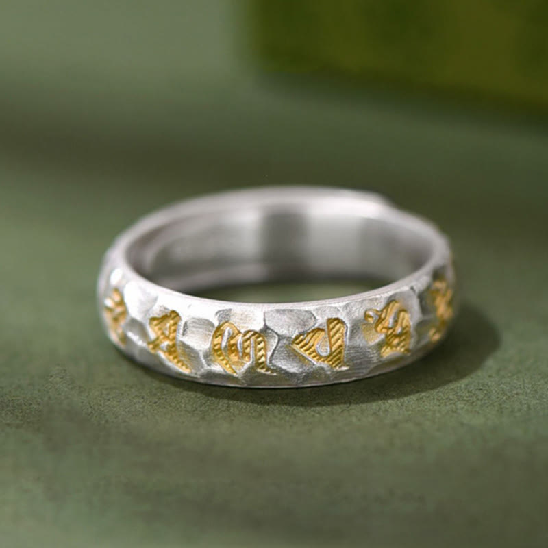 Wear FengShui Hammer Pattern Om Mani Padme Hum Copper Plated Silver Wealth Ring