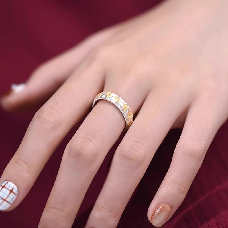 Wear FengShui Hammer Pattern Om Mani Padme Hum Copper Plated Silver Wealth Ring