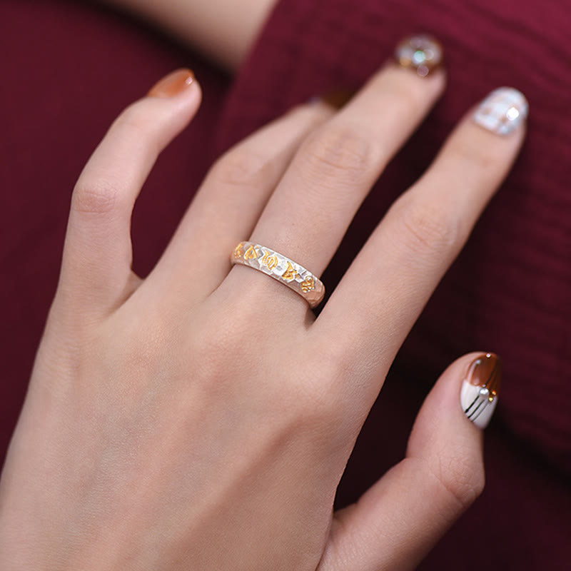 Wear FengShui Hammer Pattern Om Mani Padme Hum Copper Plated Silver Wealth Ring