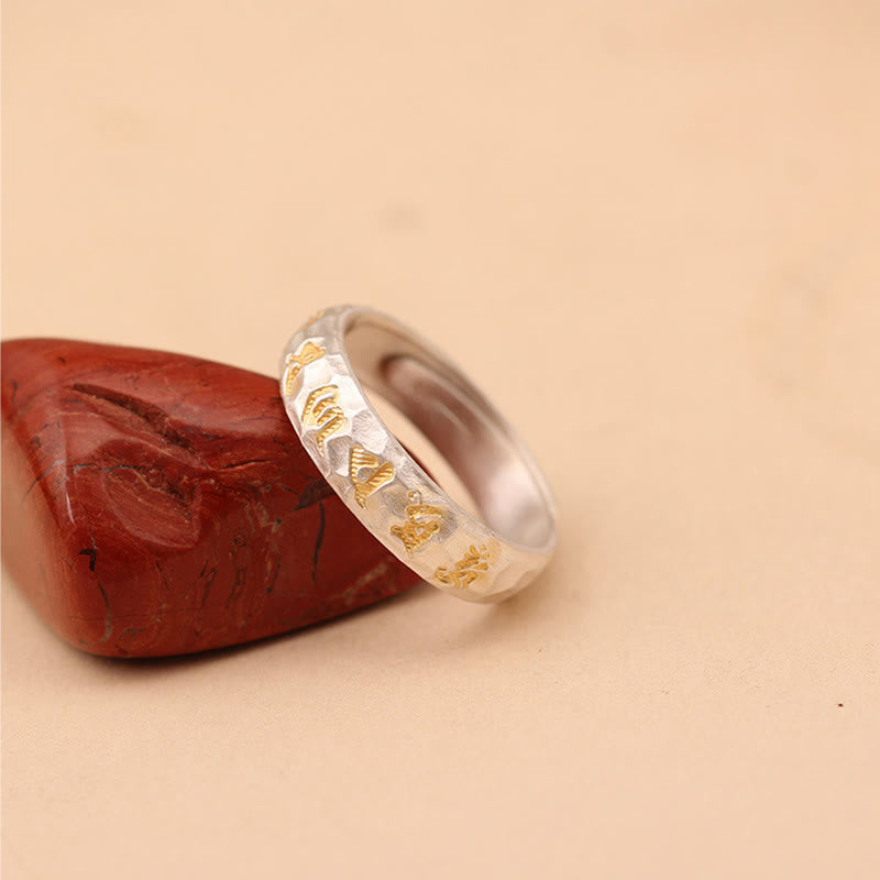 Wear FengShui Hammer Pattern Om Mani Padme Hum Copper Plated Silver Wealth Ring