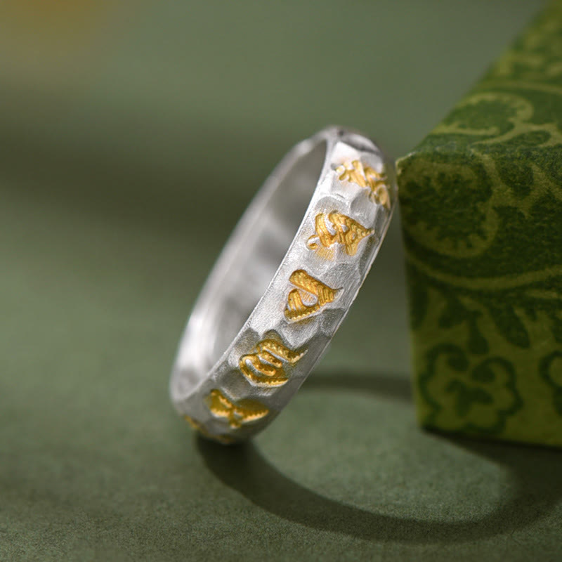 Wear FengShui Hammer Pattern Om Mani Padme Hum Copper Plated Silver Wealth Ring
