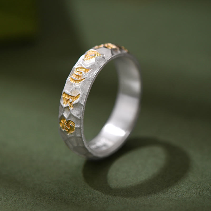 Wear FengShui Hammer Pattern Om Mani Padme Hum Copper Plated Silver Wealth Ring