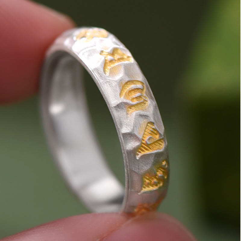 Wear FengShui Hammer Pattern Om Mani Padme Hum Copper Plated Silver Wealth Ring