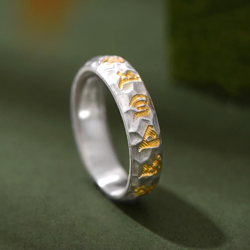 Wear FengShui 999 Sterling Silver Hammer Pattern Om Mani Padme Hum Balance Ring