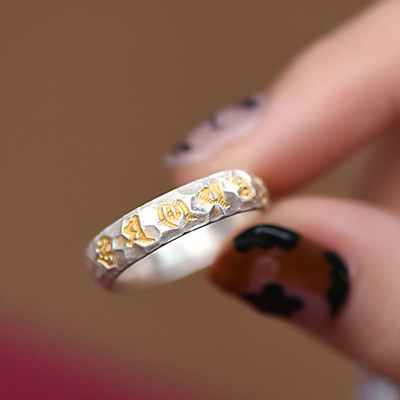 Wear FengShui 999 Sterling Silver Hammer Pattern Om Mani Padme Hum Balance Ring