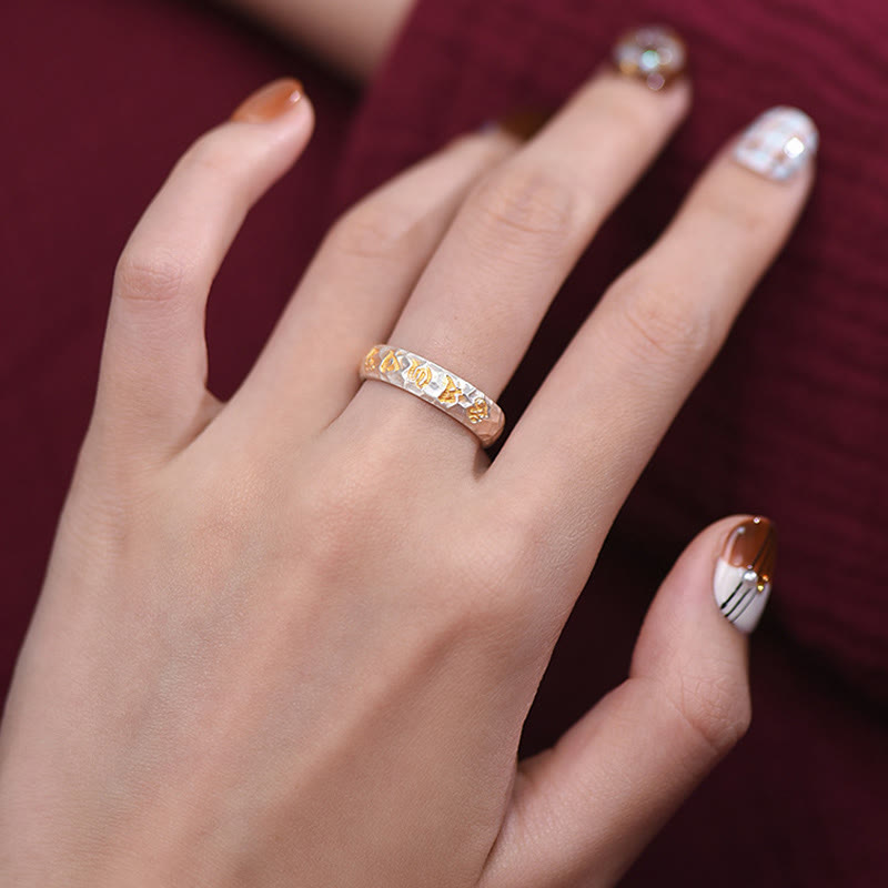 Wear FengShui 999 Sterling Silver Hammer Pattern Om Mani Padme Hum Balance Ring