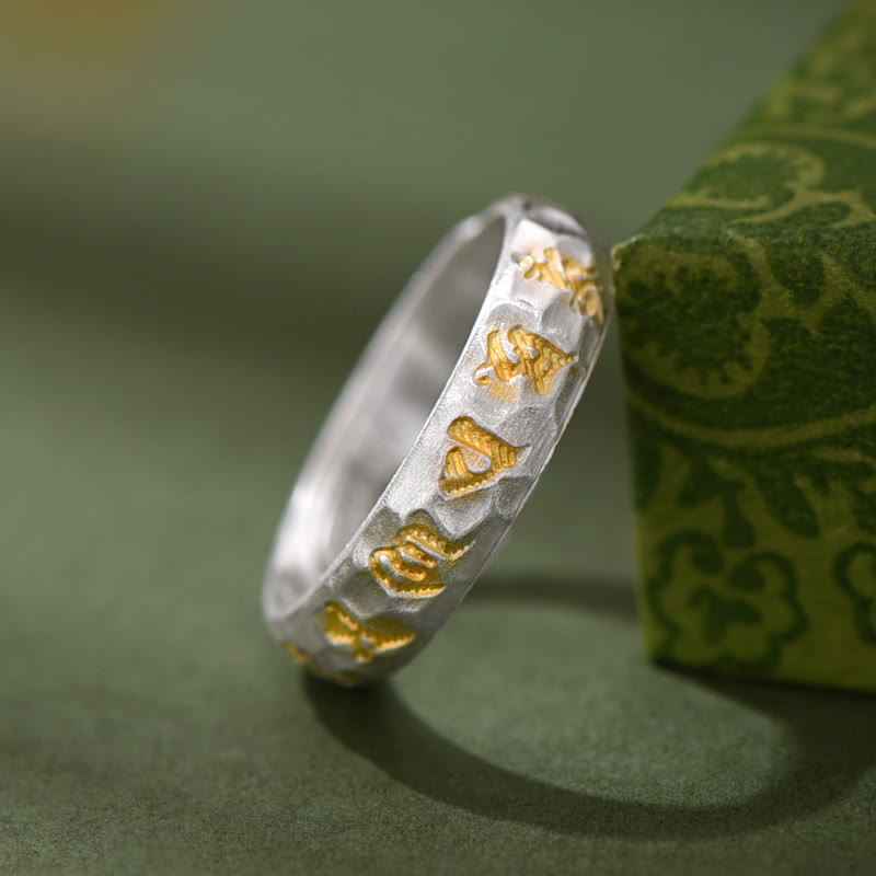 Wear FengShui 999 Sterling Silver Hammer Pattern Om Mani Padme Hum Balance Ring
