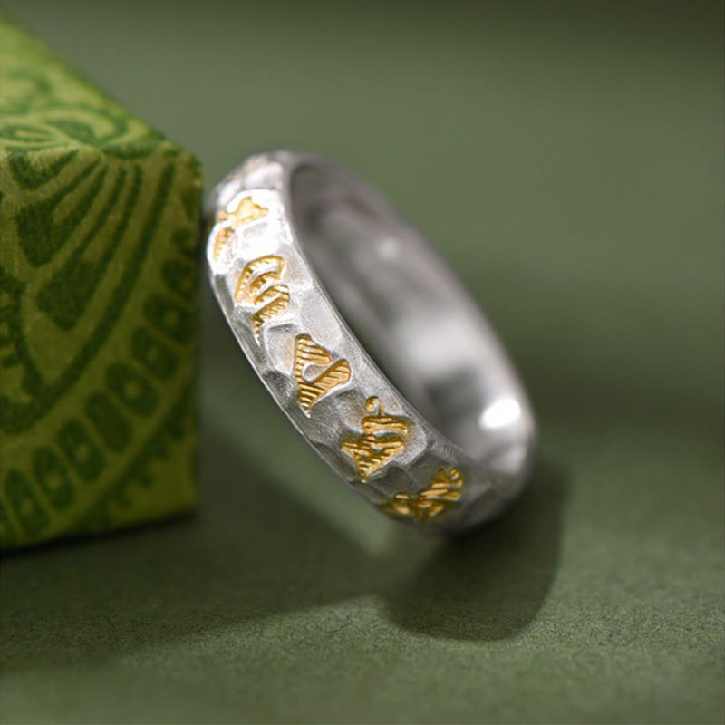 Wear FengShui 999 Sterling Silver Hammer Pattern Om Mani Padme Hum Balance Ring