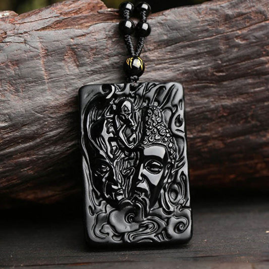 Wear FengShui Natural Black Obsidian Buddha Devil Pattern Strength Necklace Pendant