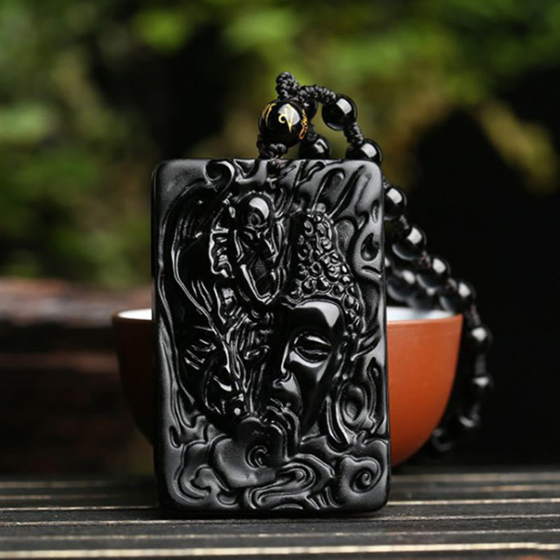 Wear FengShui Natural Black Obsidian Buddha Devil Pattern Strength Necklace Pendant