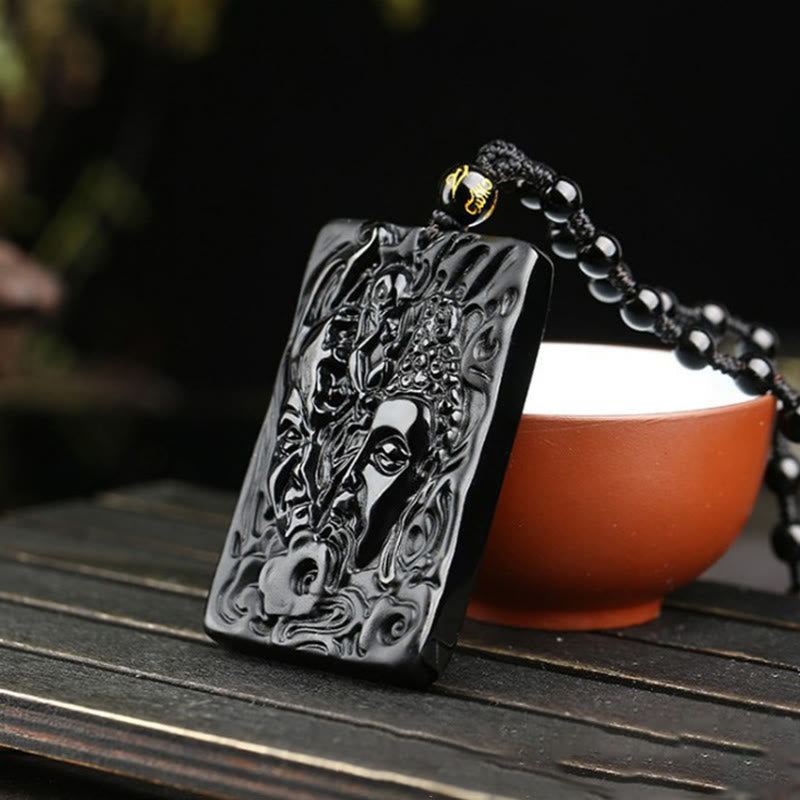Wear FengShui Natural Black Obsidian Buddha Devil Pattern Strength Necklace Pendant