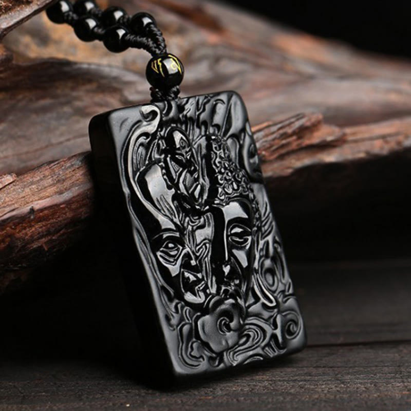 Wear FengShui Natural Black Obsidian Buddha Devil Pattern Strength Necklace Pendant