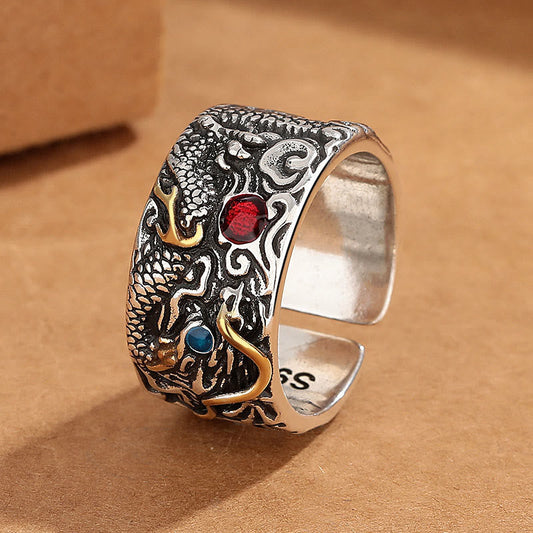 Wear FengShui Vintage Dragon Pattern Copper Plated Silver Balance Ring