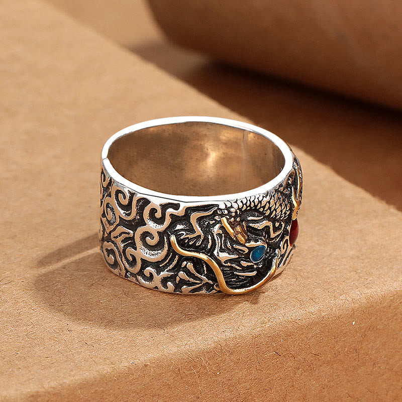 Wear FengShui Vintage Dragon Pattern Copper Plated Silver Balance Ring