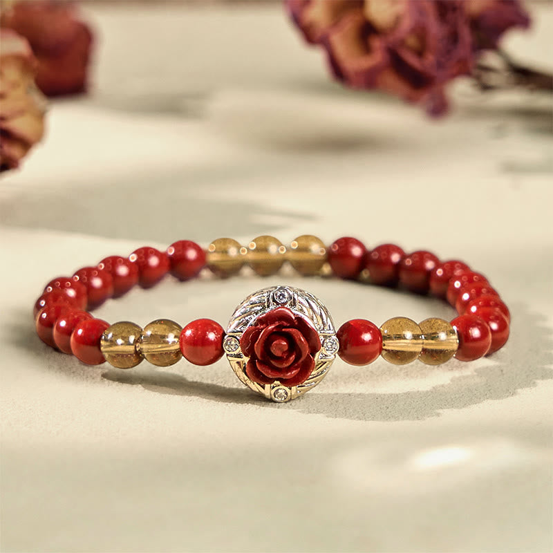 Wear FengShui Cinnabar Angora Red Shell Pearl Rose Petals Calm Bracelet