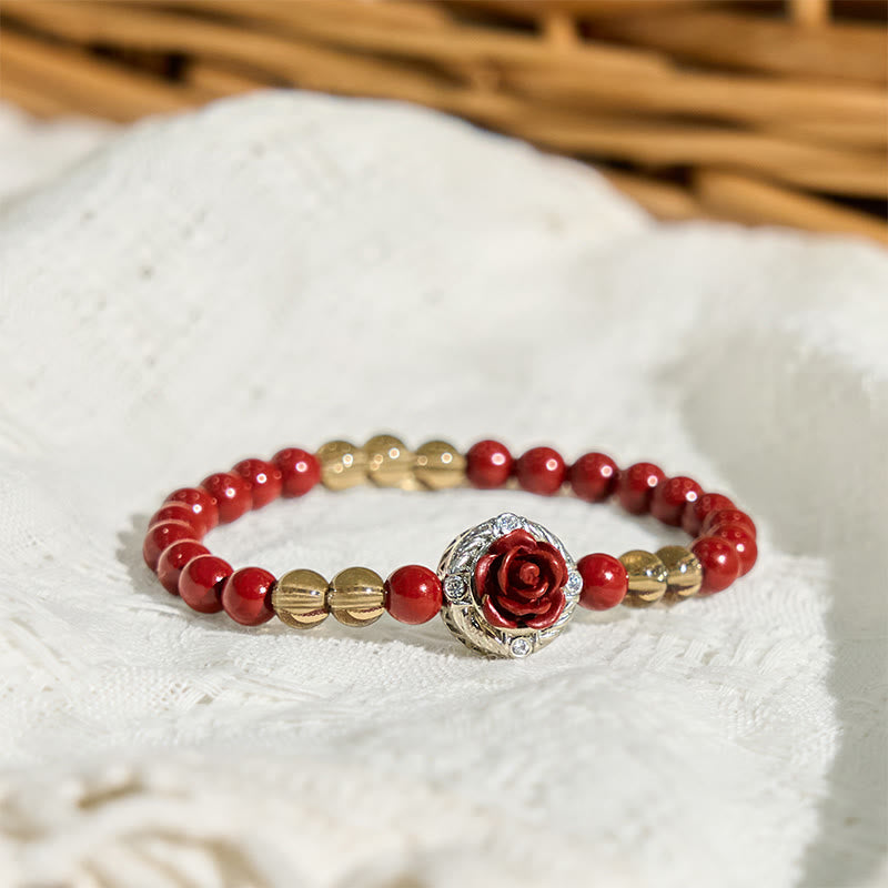 Wear FengShui Cinnabar Angora Red Shell Pearl Rose Petals Calm Bracelet