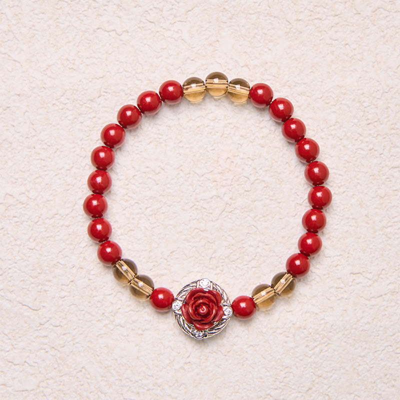 Wear FengShui Cinnabar Angora Red Shell Pearl Rose Petals Calm Bracelet
