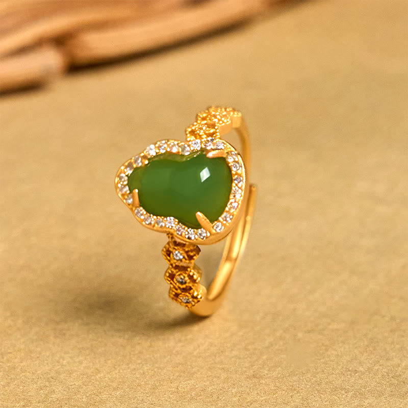 Buddha Stones Vintage Gourd Green Chalcedony Copper Plated Gold Adjustable Wealth Ring