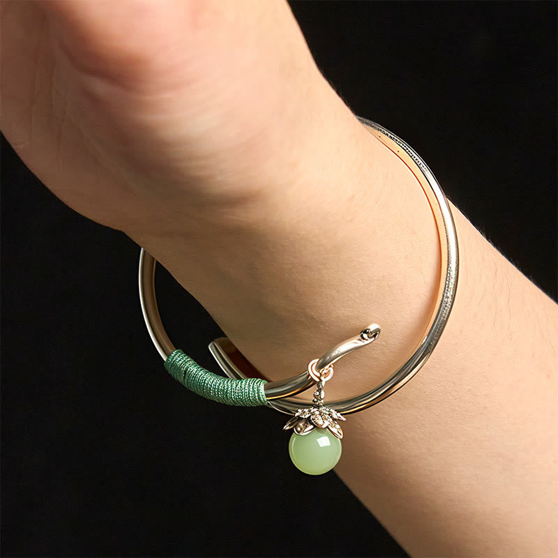 Wear FengShui Copper Alloy Green Bead Charm Luck Cuff Bracelet Bangle