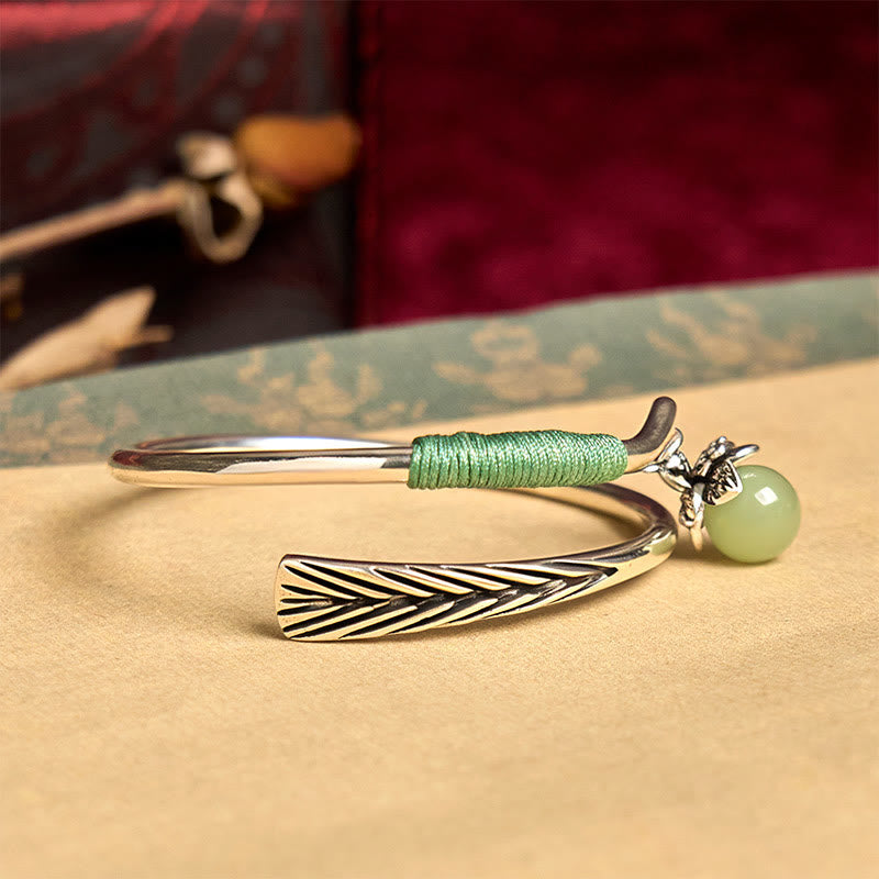 Wear FengShui Copper Alloy Green Bead Charm Luck Cuff Bracelet Bangle