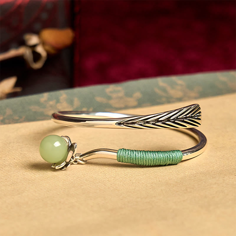 Wear FengShui Copper Alloy Green Bead Charm Luck Cuff Bracelet Bangle