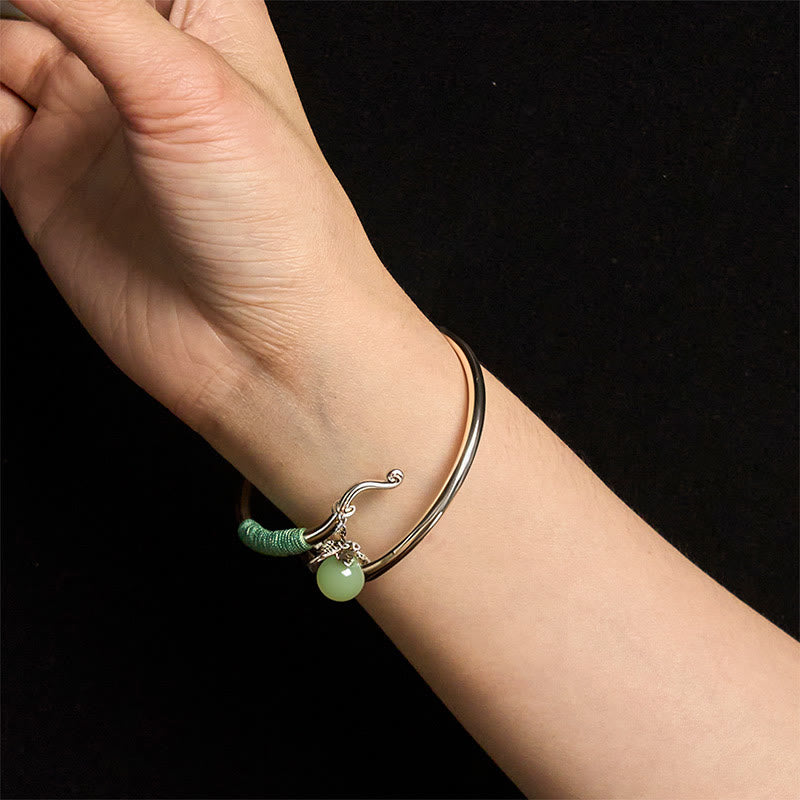 Wear FengShui Copper Alloy Green Bead Charm Luck Cuff Bracelet Bangle
