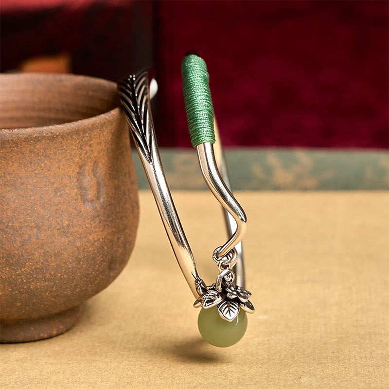 Wear FengShui Copper Alloy Green Bead Charm Luck Cuff Bracelet Bangle