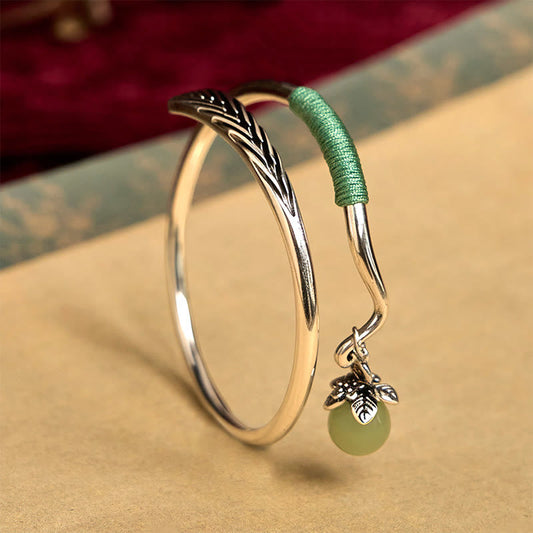 Wear FengShui Copper Alloy Green Bead Charm Luck Cuff Bracelet Bangle