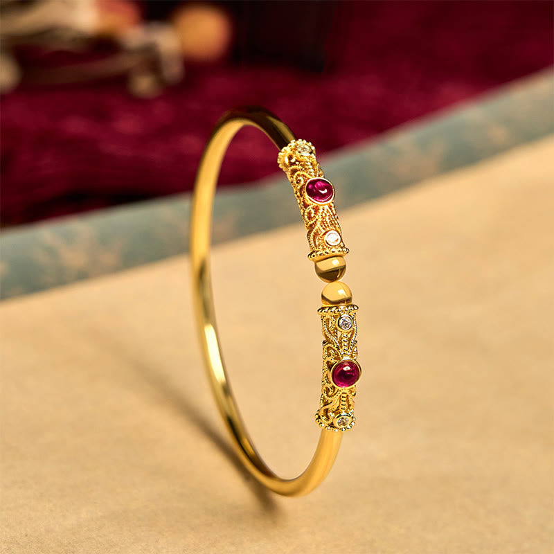 Wear FengShui Golden Flower Pattern Red Zircon Amber Copper Luck Cuff Bracelet Bangle