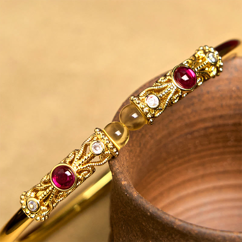 Wear FengShui Golden Flower Pattern Red Zircon Amber Copper Luck Cuff Bracelet Bangle