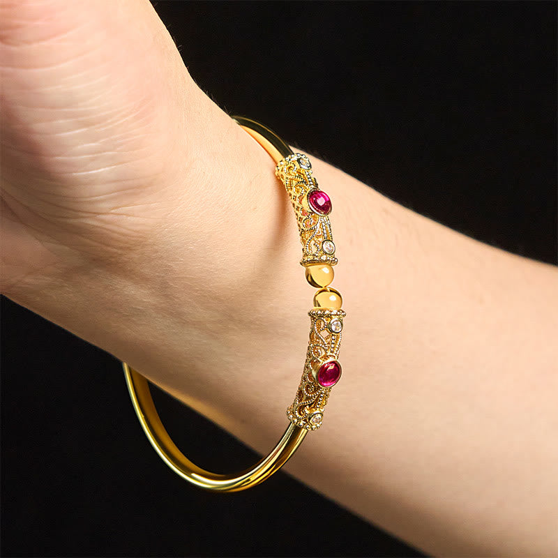 Wear FengShui Golden Flower Pattern Red Zircon Amber Copper Luck Cuff Bracelet Bangle