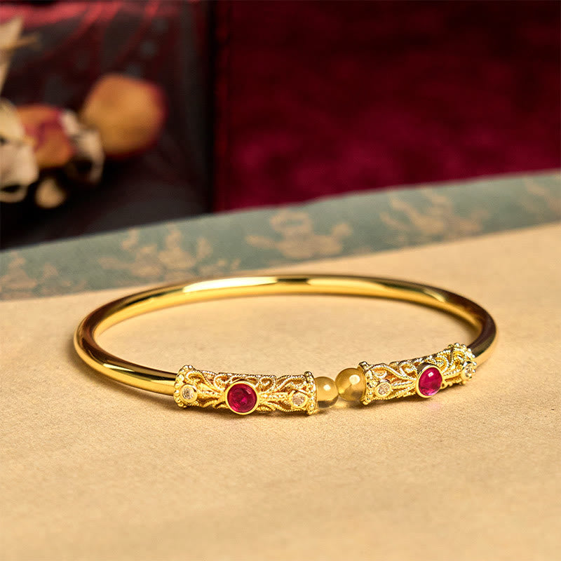 Wear FengShui Golden Flower Pattern Red Zircon Amber Copper Luck Cuff Bracelet Bangle