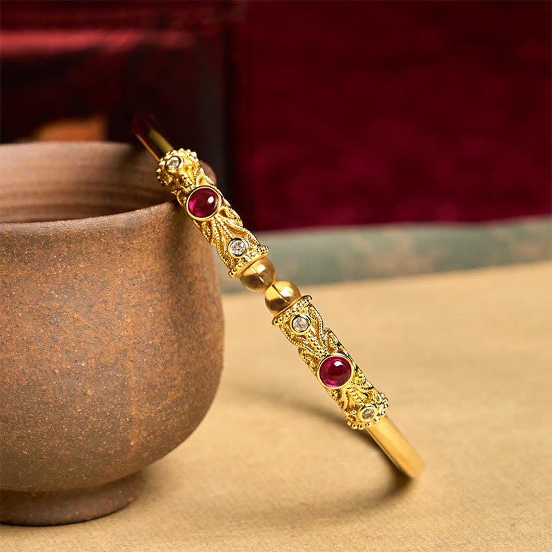 Wear FengShui Golden Flower Pattern Red Zircon Amber Copper Luck Cuff Bracelet Bangle