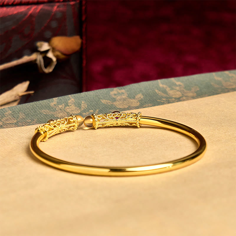 Wear FengShui Golden Flower Pattern Red Zircon Amber Copper Luck Cuff Bracelet Bangle