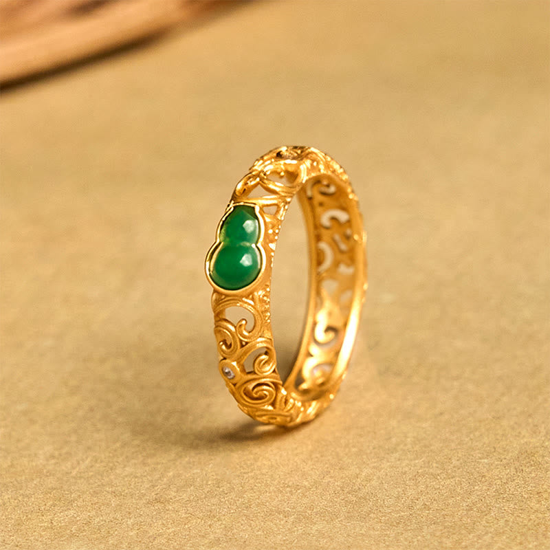 Wear FengShui Vintage Gourd Green Chalcedony Copper Alloy Wealth Ring