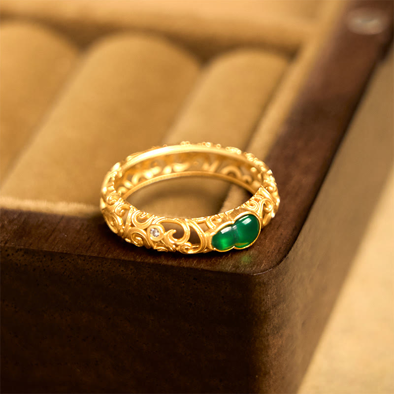 Wear FengShui Vintage Gourd Green Chalcedony Copper Alloy Wealth Ring