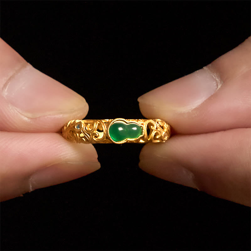 Wear FengShui Vintage Gourd Green Chalcedony Copper Alloy Wealth Ring