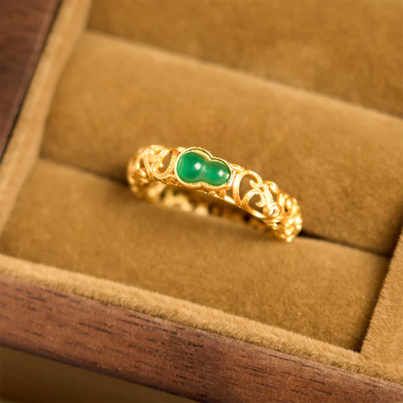 Wear FengShui Vintage Gourd Green Chalcedony Copper Alloy Wealth Ring