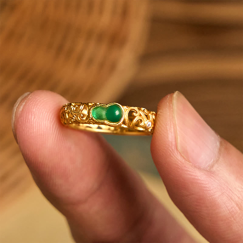 Wear FengShui Vintage Gourd Green Chalcedony Copper Alloy Wealth Ring