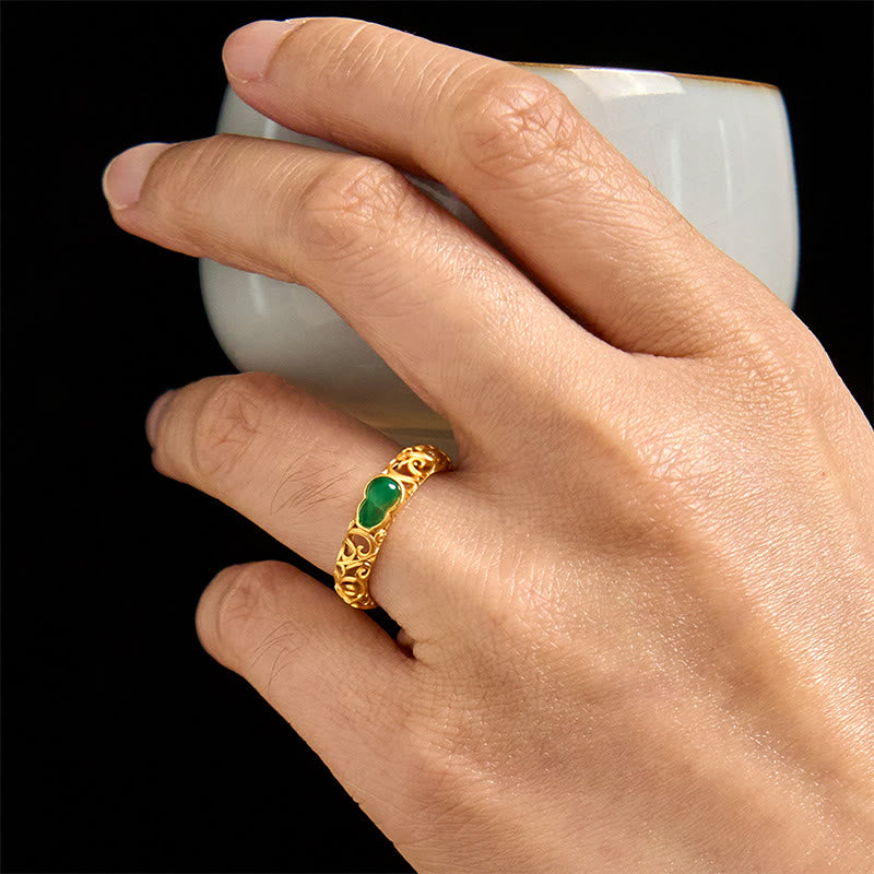 Wear FengShui Vintage Gourd Green Chalcedony Copper Alloy Wealth Ring