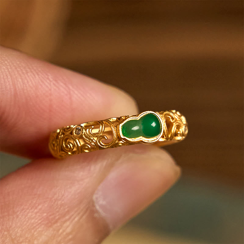 Wear FengShui Vintage Gourd Green Chalcedony Copper Alloy Wealth Ring