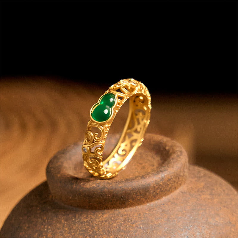 Wear FengShui Vintage Gourd Green Chalcedony Copper Alloy Wealth Ring
