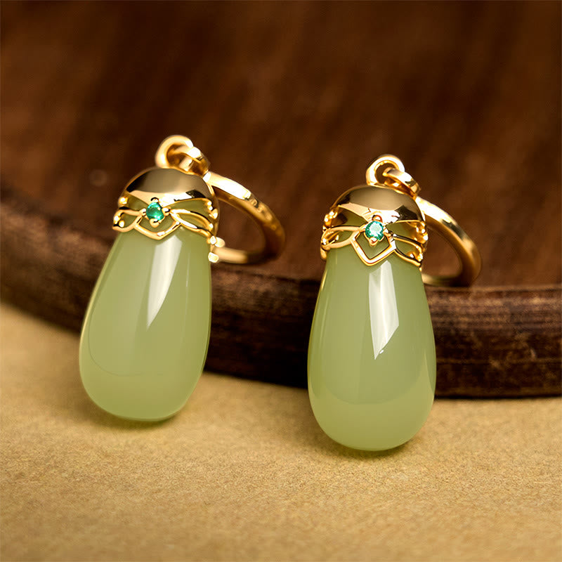 Wear FengShui Green Chalcedony Water Drop Strength Copper Posts Earrings