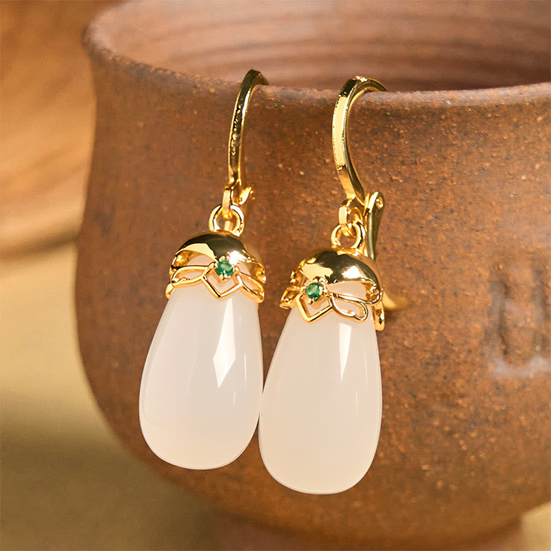 Wear FengShui Green Chalcedony Water Drop Strength Copper Posts Earrings