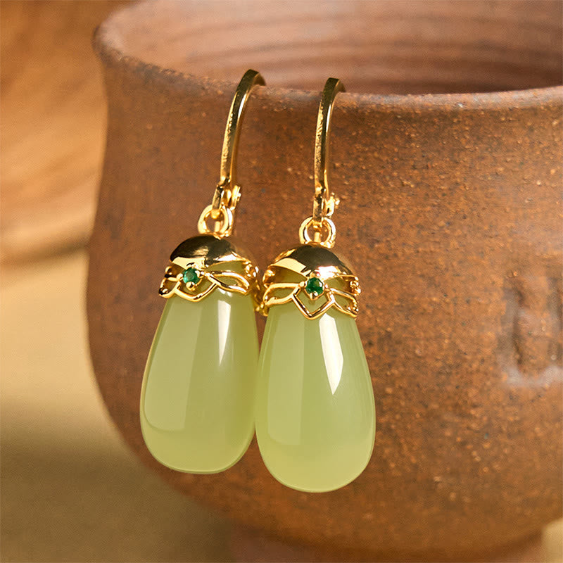 Wear FengShui Green Chalcedony Water Drop Strength Copper Posts Earrings