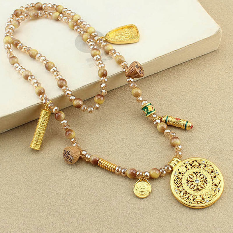 Wear FengShui Tibetan Lotus Round Plate Golden Tiger Eye Beads Necklace Pendant