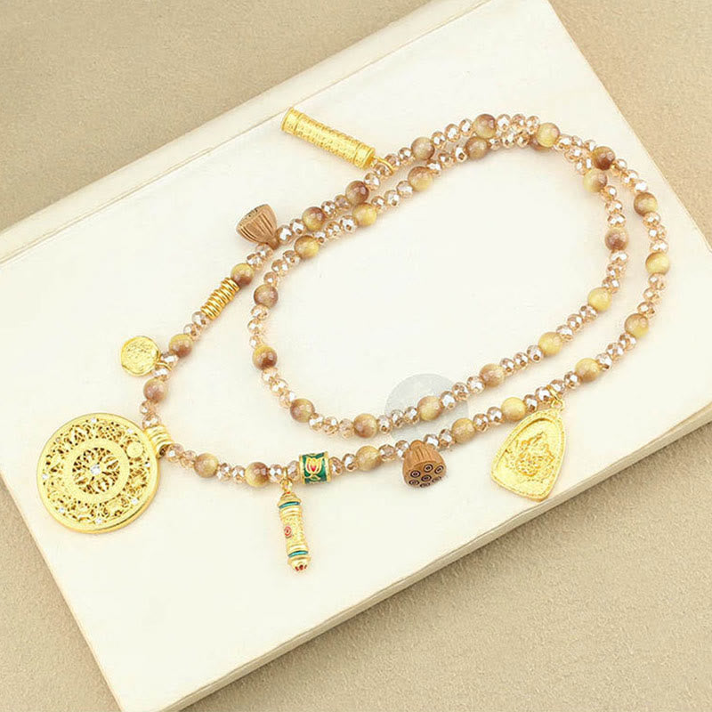 Wear FengShui Tibetan Lotus Round Plate Golden Tiger Eye Beads Necklace Pendant