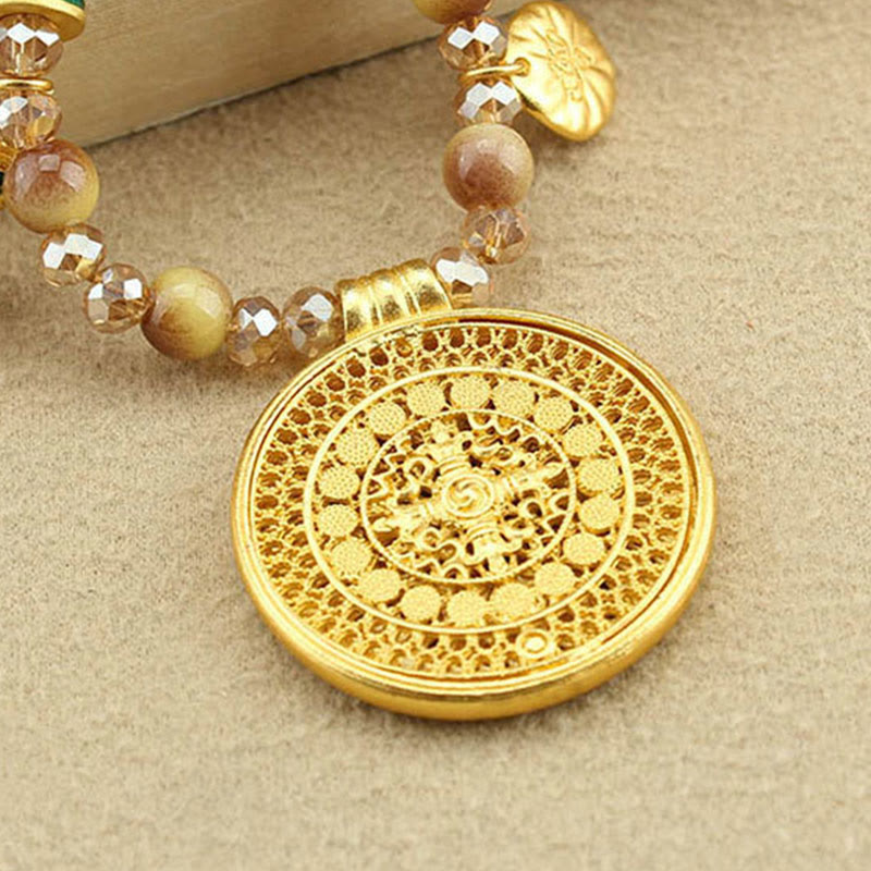 Wear FengShui Tibetan Lotus Round Plate Golden Tiger Eye Beads Necklace Pendant